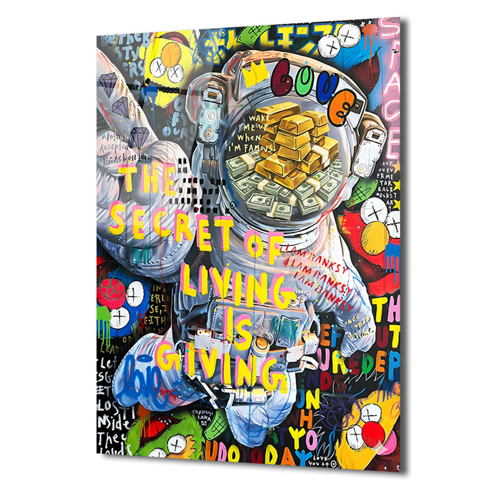Yaşamın Sırrı: Astronot ve Servet Temalı Pop Art Cam Tablo