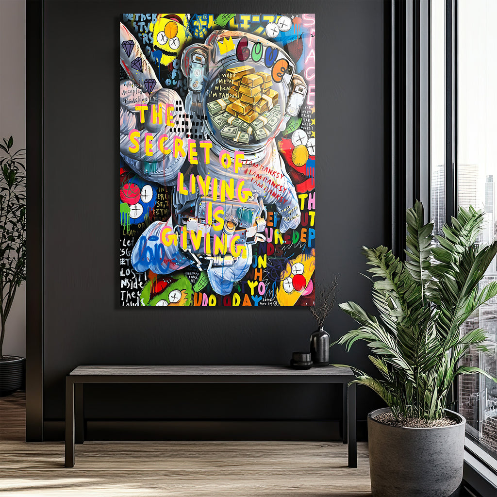 Yaşamın Sırrı: Astronot ve Servet Temalı Pop Art Cam Tablo