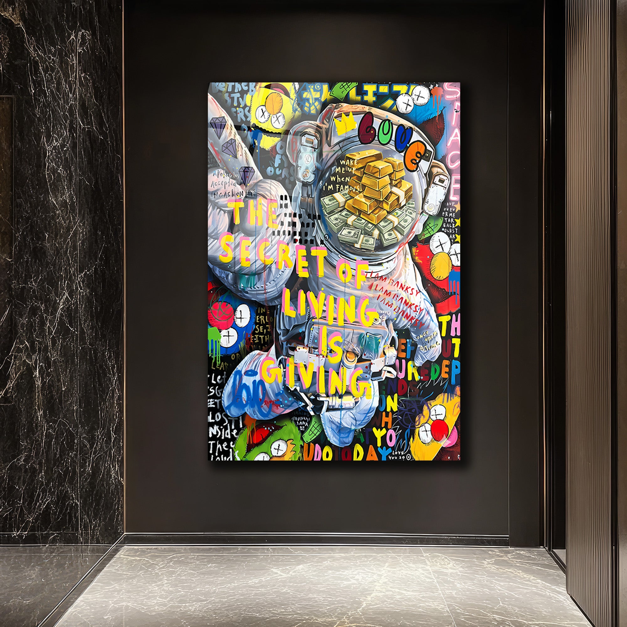 Yaşamın Sırrı: Astronot ve Servet Temalı Pop Art Cam Tablo