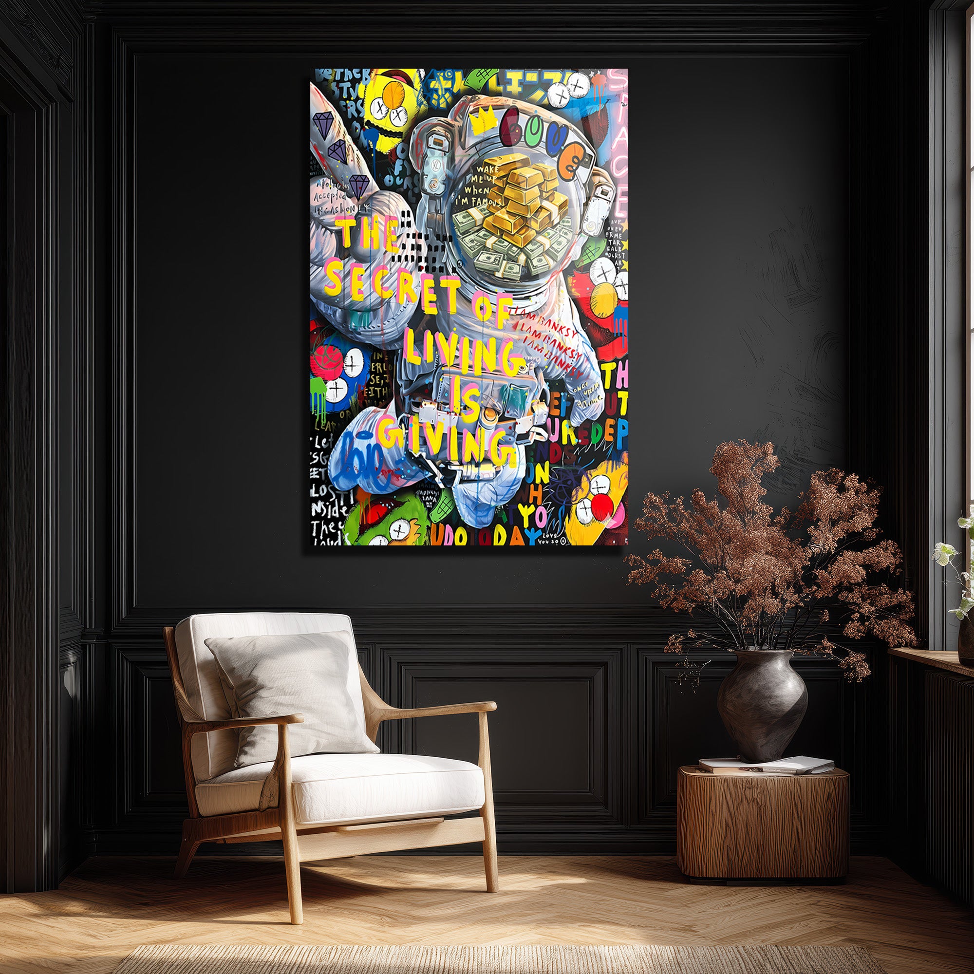 Yaşamın Sırrı: Astronot ve Servet Temalı Pop Art Cam Tablo