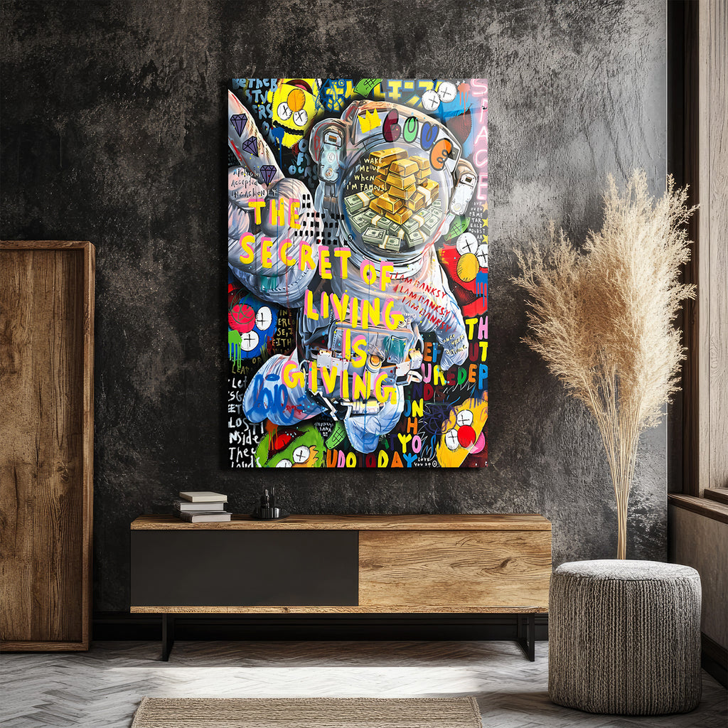 Yaşamın Sırrı: Astronot ve Servet Temalı Pop Art Cam Tablo