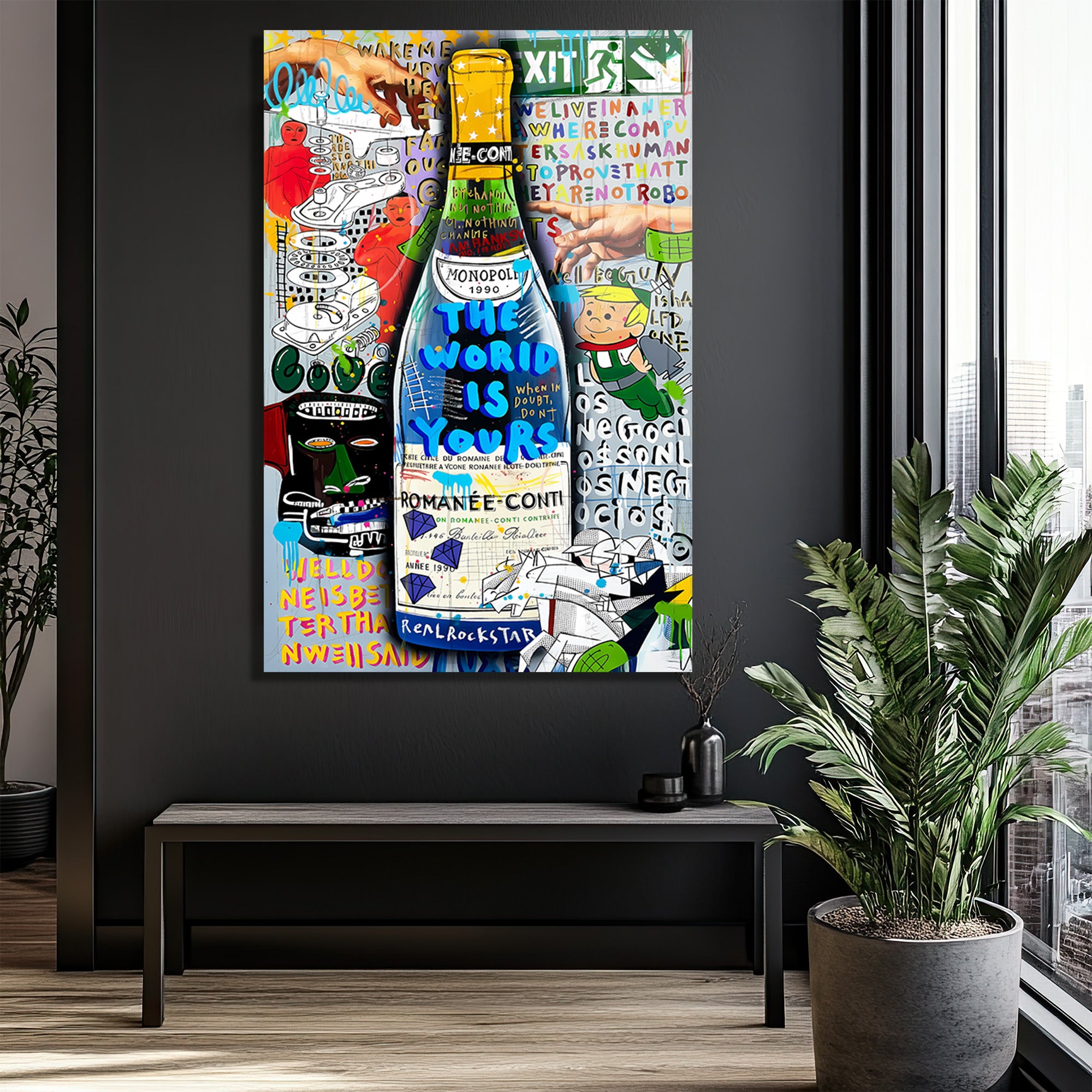 Lüks ve Asi Ruh: Dünya Senin Pop Art Şampanya Cam Tablo