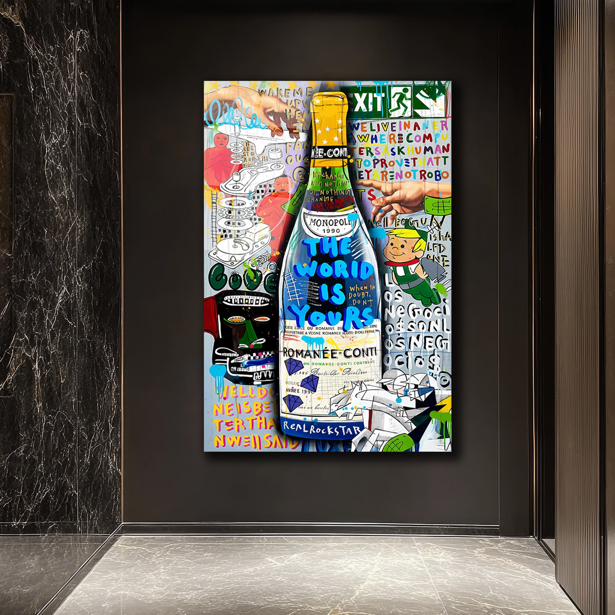 Lüks ve Asi Ruh: Dünya Senin Pop Art Şampanya Cam Tablo