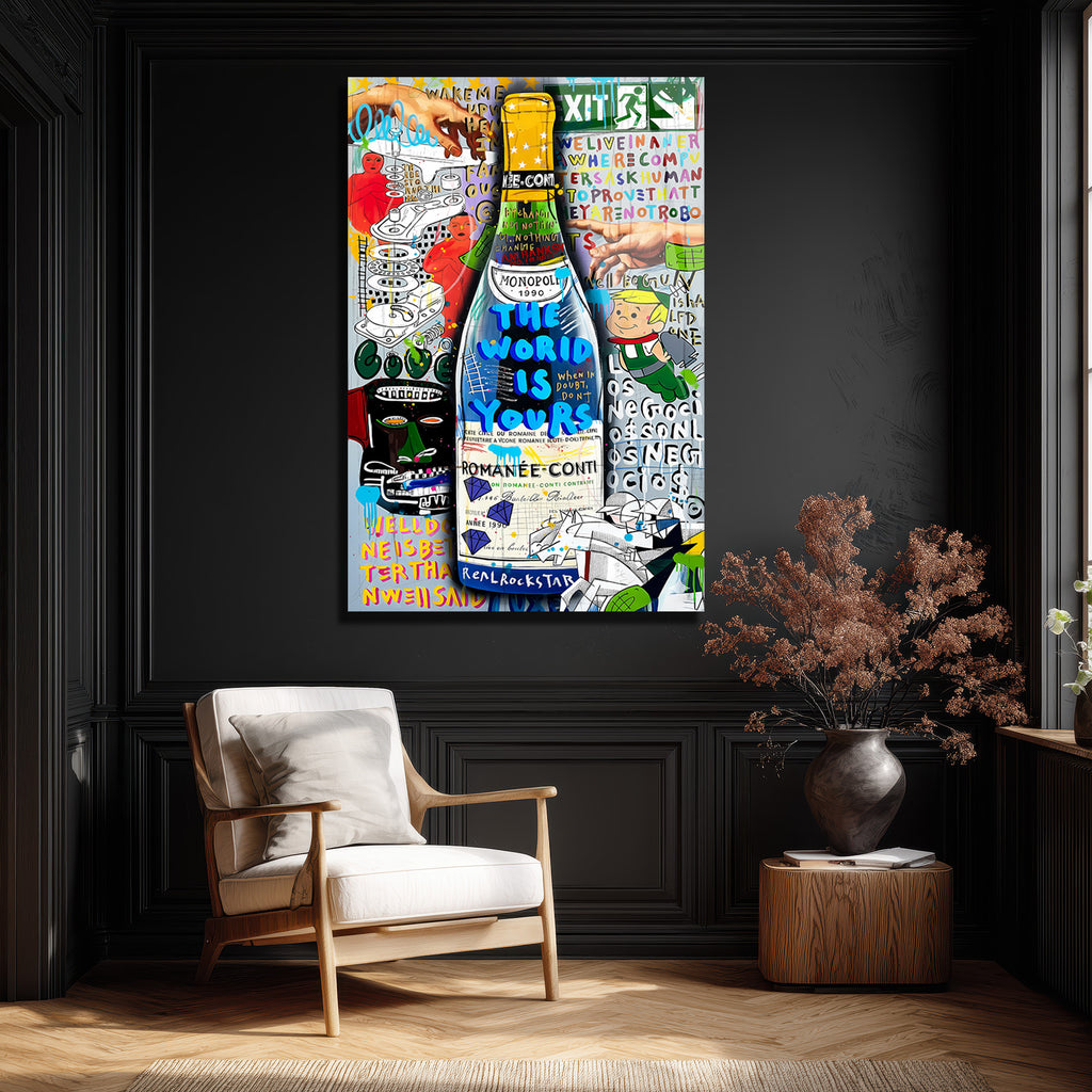 Lüks ve Asi Ruh: Dünya Senin Pop Art Şampanya Cam Tablo