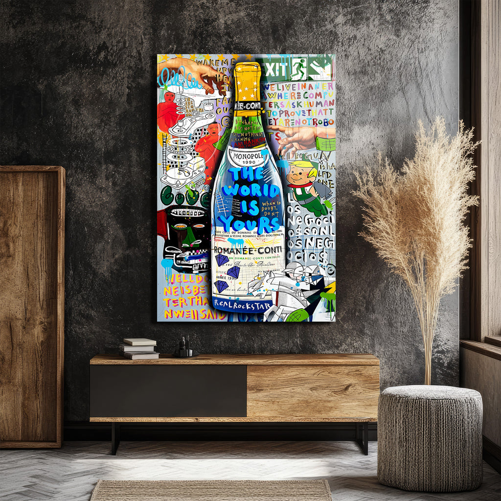 Lüks ve Asi Ruh: Dünya Senin Pop Art Şampanya Cam Tablo