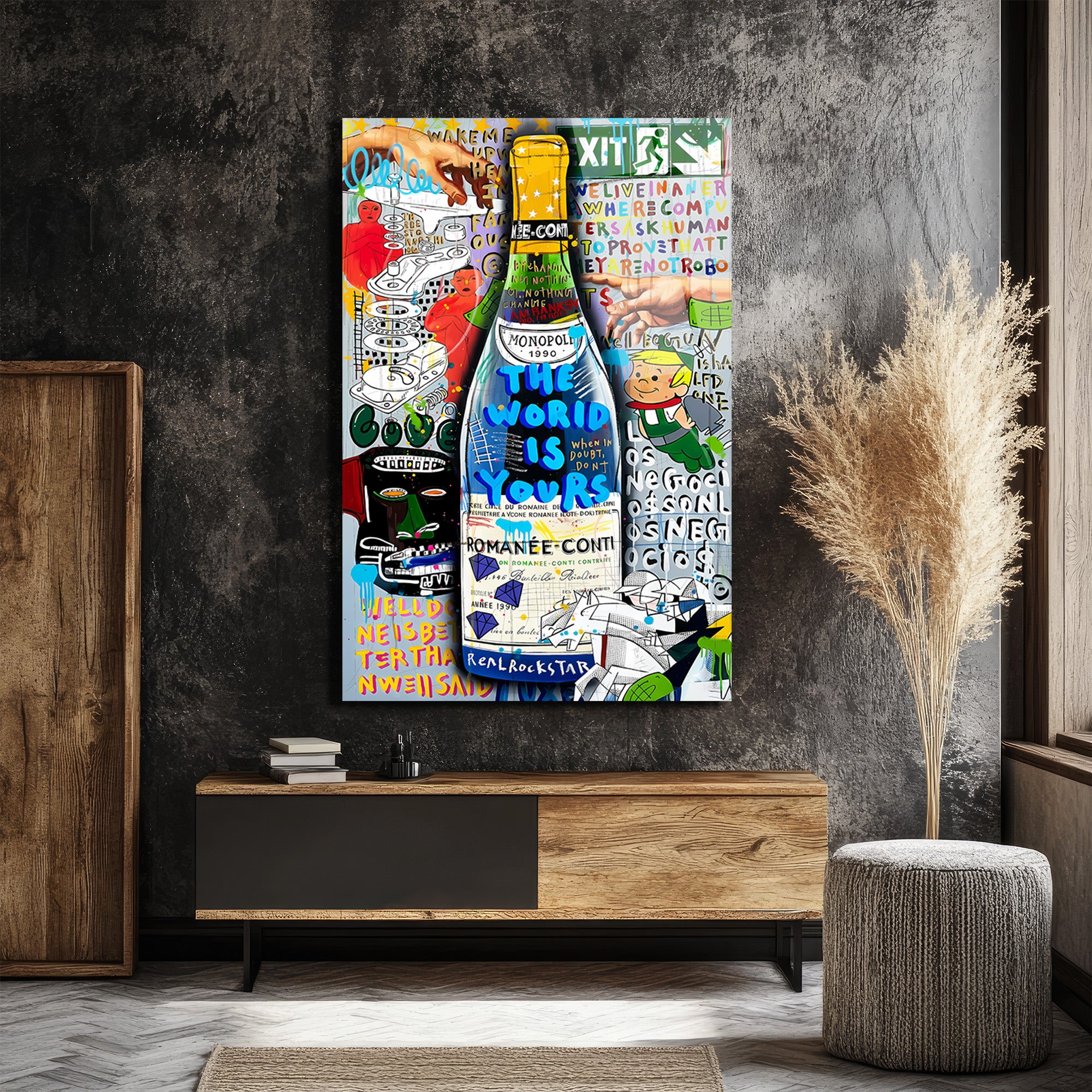 Lüks ve Asi Ruh: Dünya Senin Pop Art Şampanya Cam Tablo