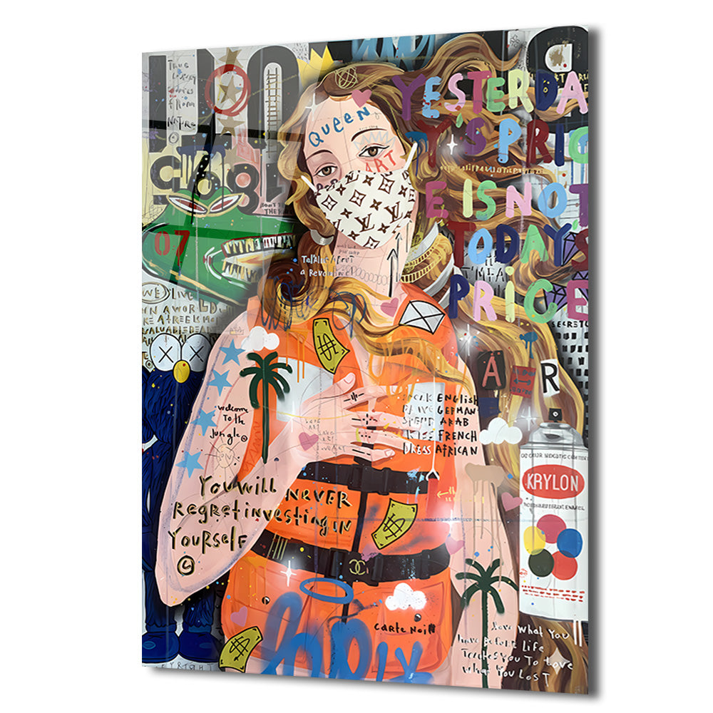Urban Pop Art Kraliçe Maskeli Çağdaş Sanat Cam Tablo