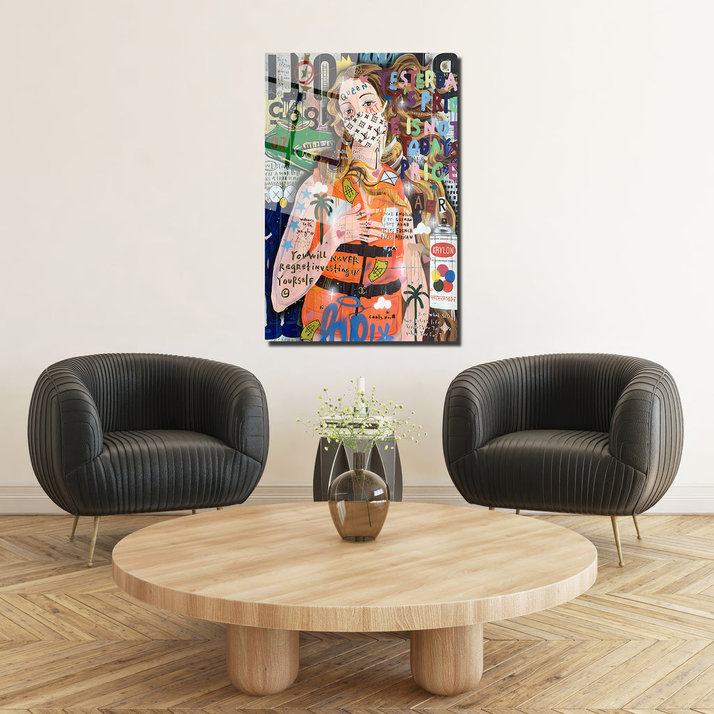 Urban Pop Art Kraliçe Maskeli Çağdaş Sanat Cam Tablo