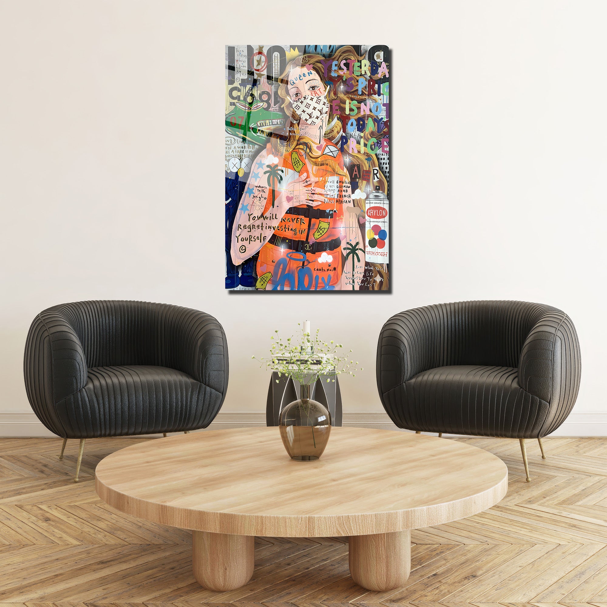 Urban Pop Art Kraliçe Maskeli Çağdaş Sanat Cam Tablo