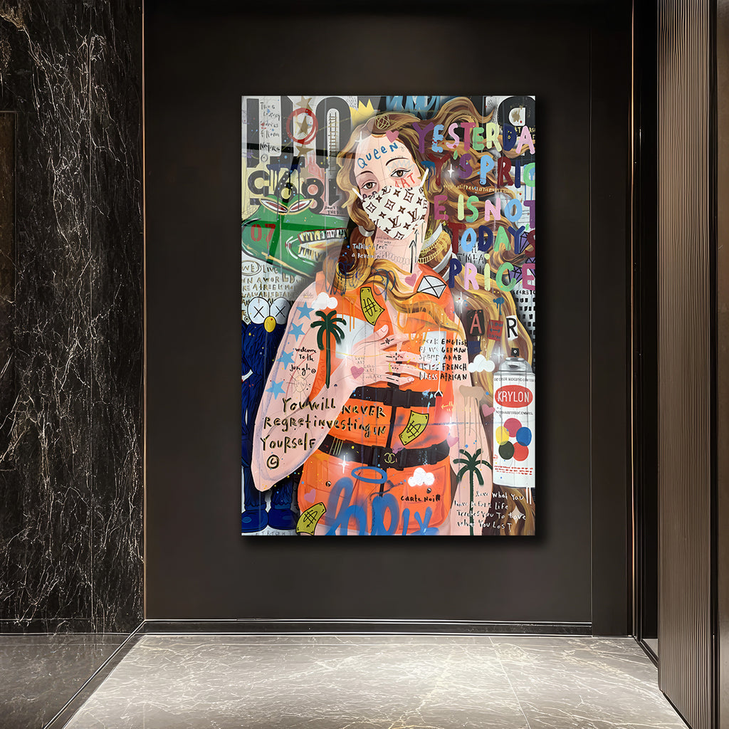 Urban Pop Art Kraliçe Maskeli Çağdaş Sanat Cam Tablo