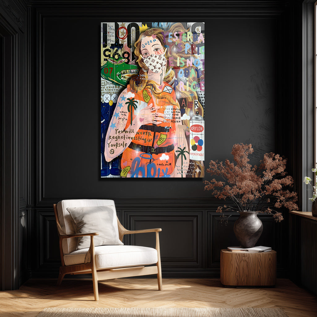 Urban Pop Art Kraliçe Maskeli Çağdaş Sanat Cam Tablo