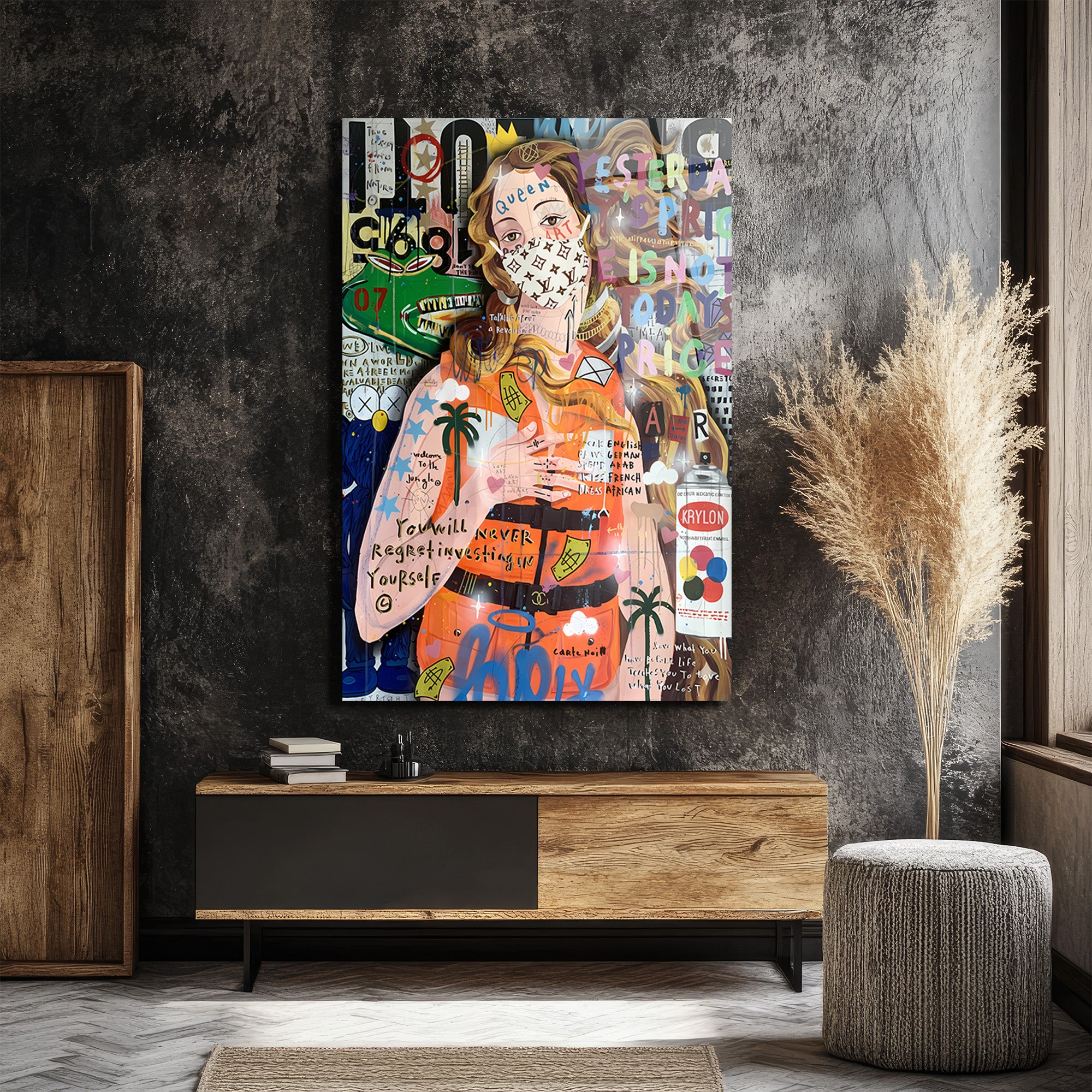 Urban Pop Art Kraliçe Maskeli Çağdaş Sanat Cam Tablo