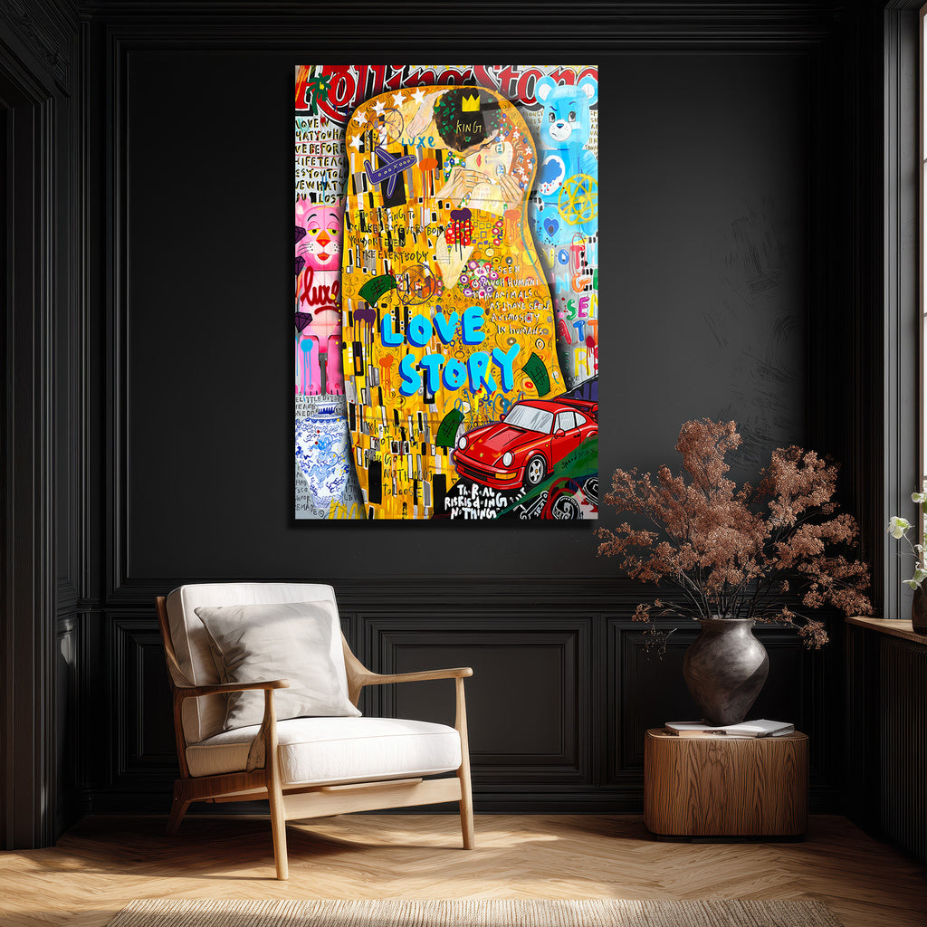 Klimt Aşk Hikayesi Pop Art Cam Tablo | Lüks Duvar Sanatı