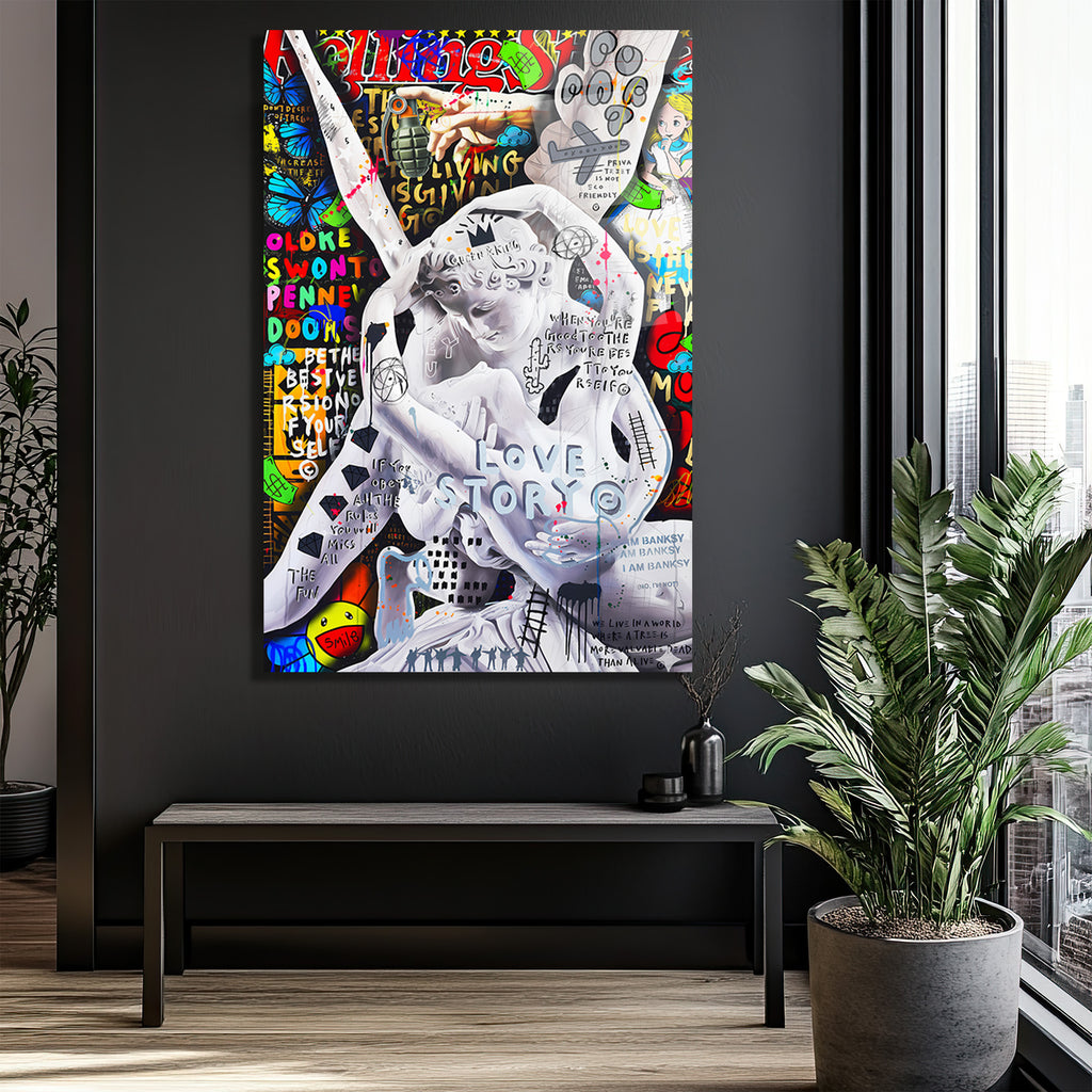 Aşk Hikayesi Graffiti Sanat Cam Tablo: Urban Klasik Buluşması