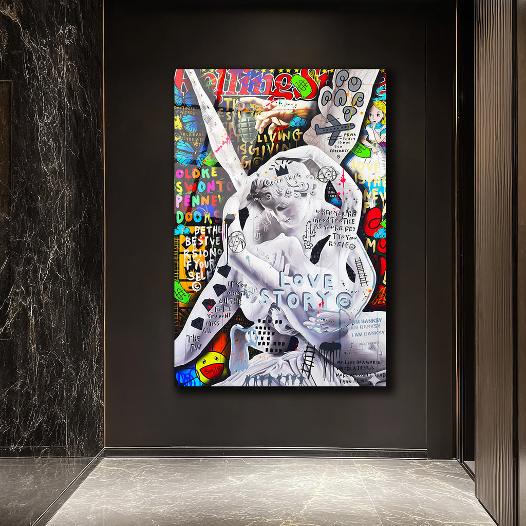 Aşk Hikayesi Graffiti Sanat Cam Tablo: Urban Klasik Buluşması