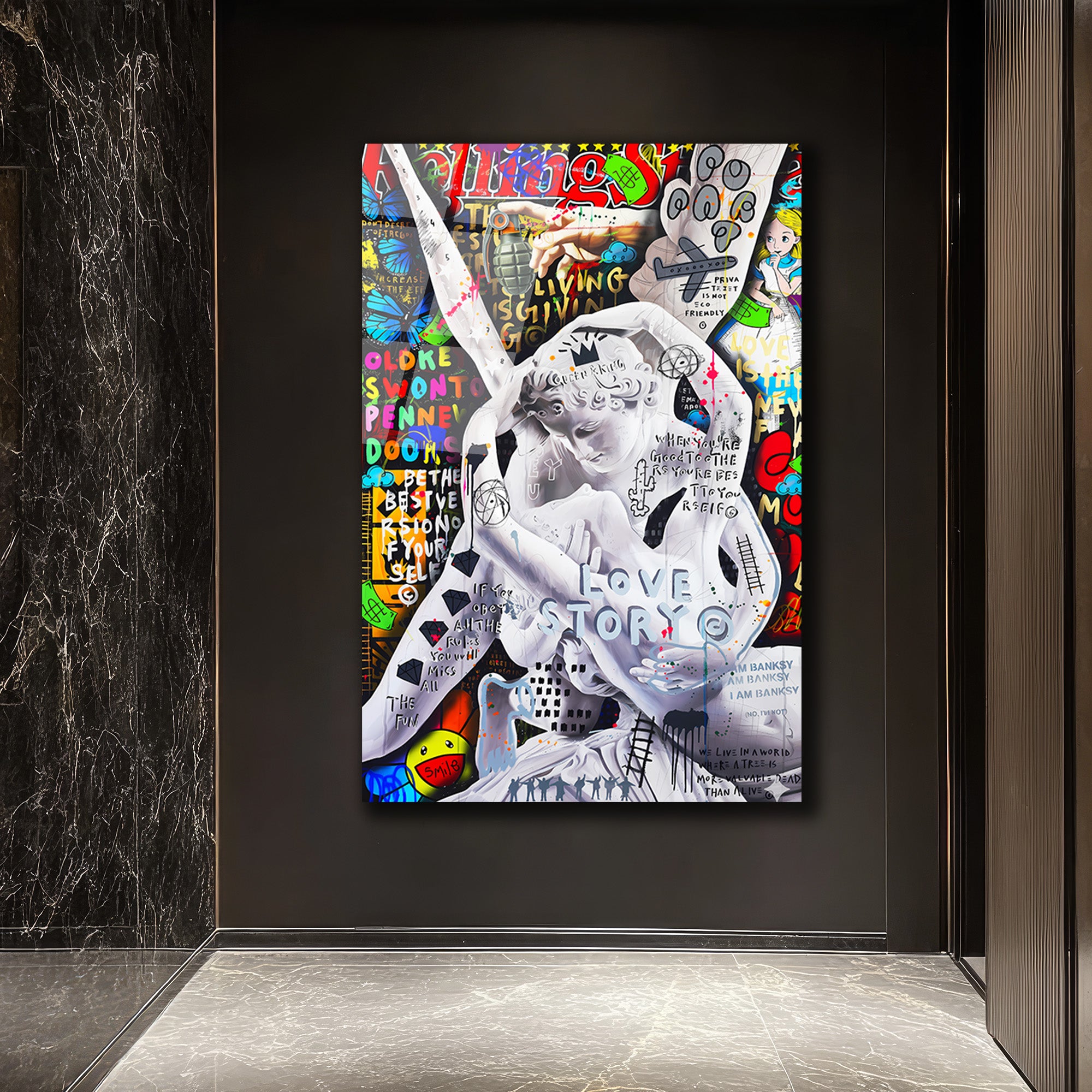 Aşk Hikayesi Graffiti Sanat Cam Tablo: Urban Klasik Buluşması