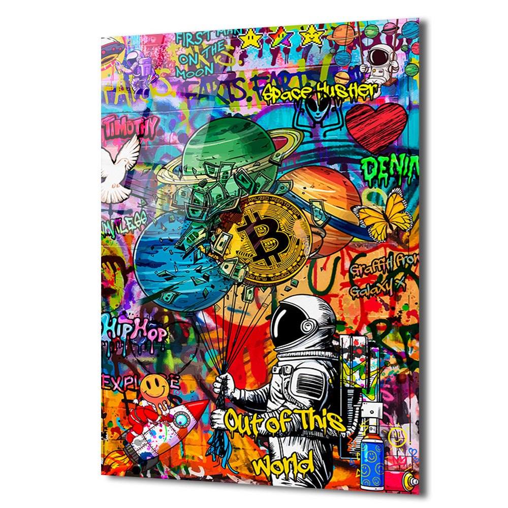 Uzay Macerası: Astronot, Bitcoin ve Graffiti Sanatı Cam Tablo