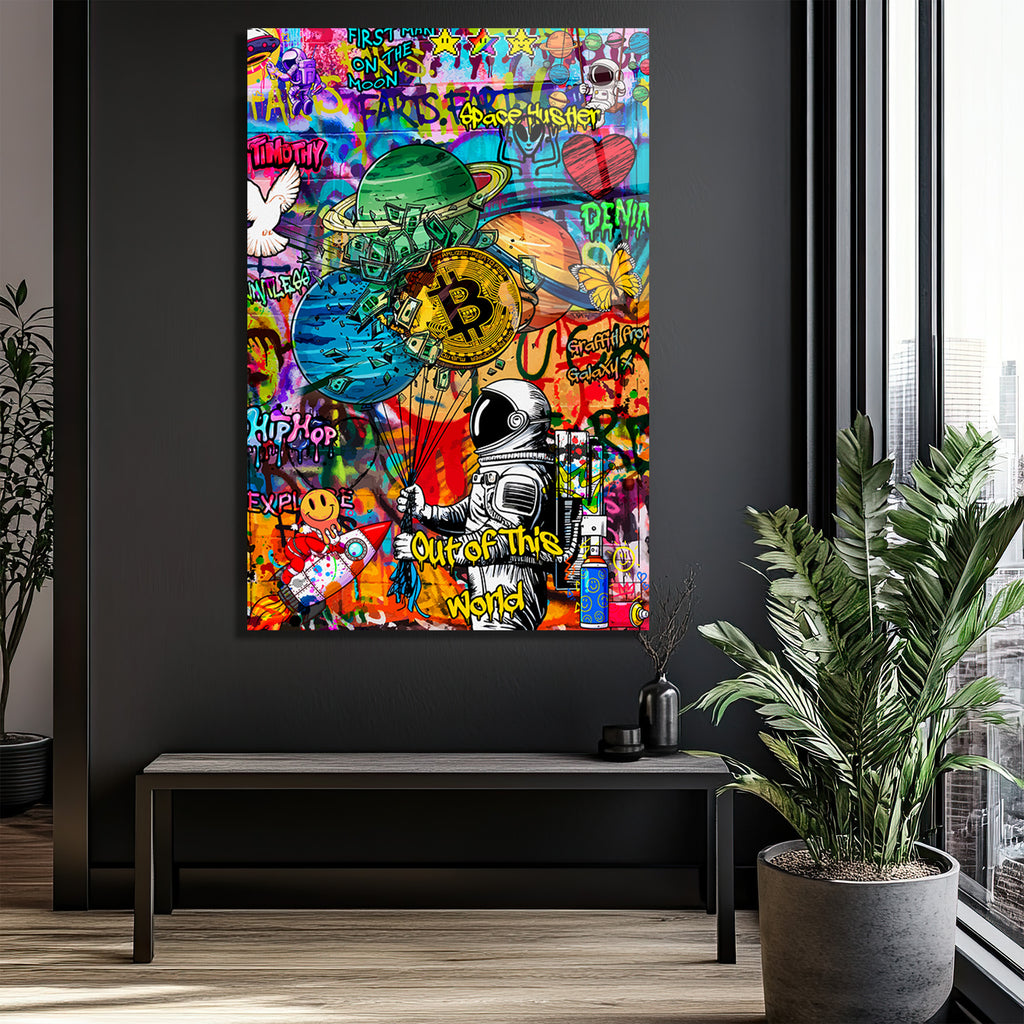 Uzay Macerası: Astronot, Bitcoin ve Graffiti Sanatı Cam Tablo