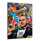 Marlon Brando'nun Vito Corleone karakterini canlandırdığı, arkasında rengarenk graffiti, sokak sanatı öğeleri, dolar işaretleri, at figürü, taç ve boya sıçramaları bulunan, pop art tarzı cam tablo.