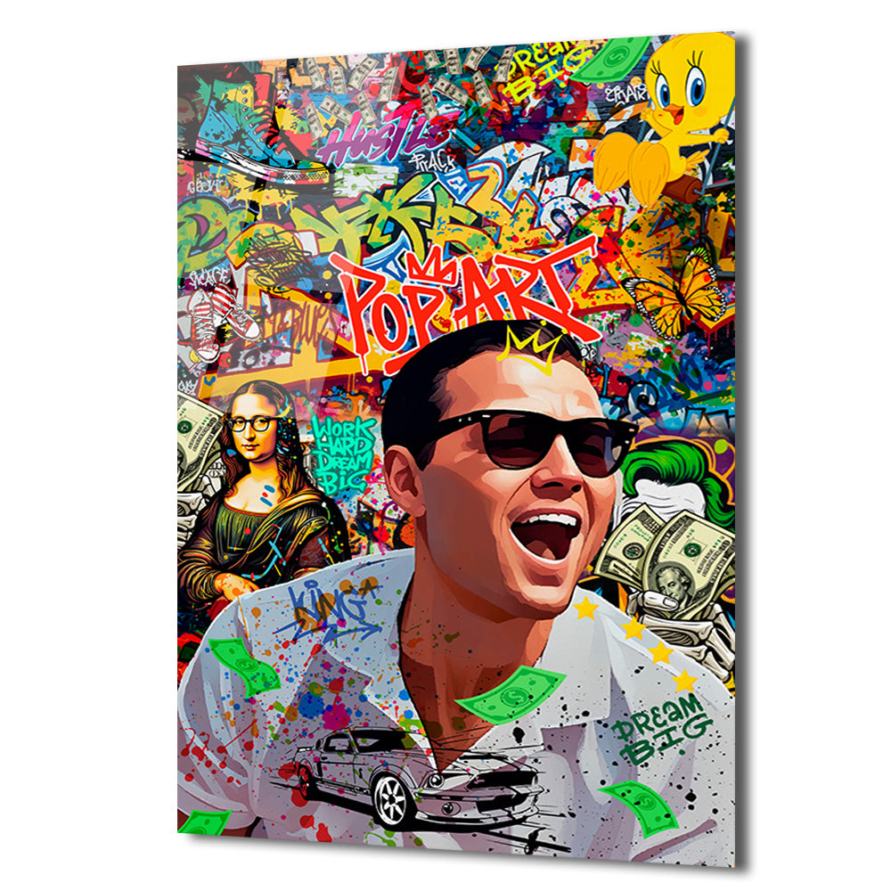 Pop Art Hustle: Jordan Belfort Temalı Modern Cam Tablo