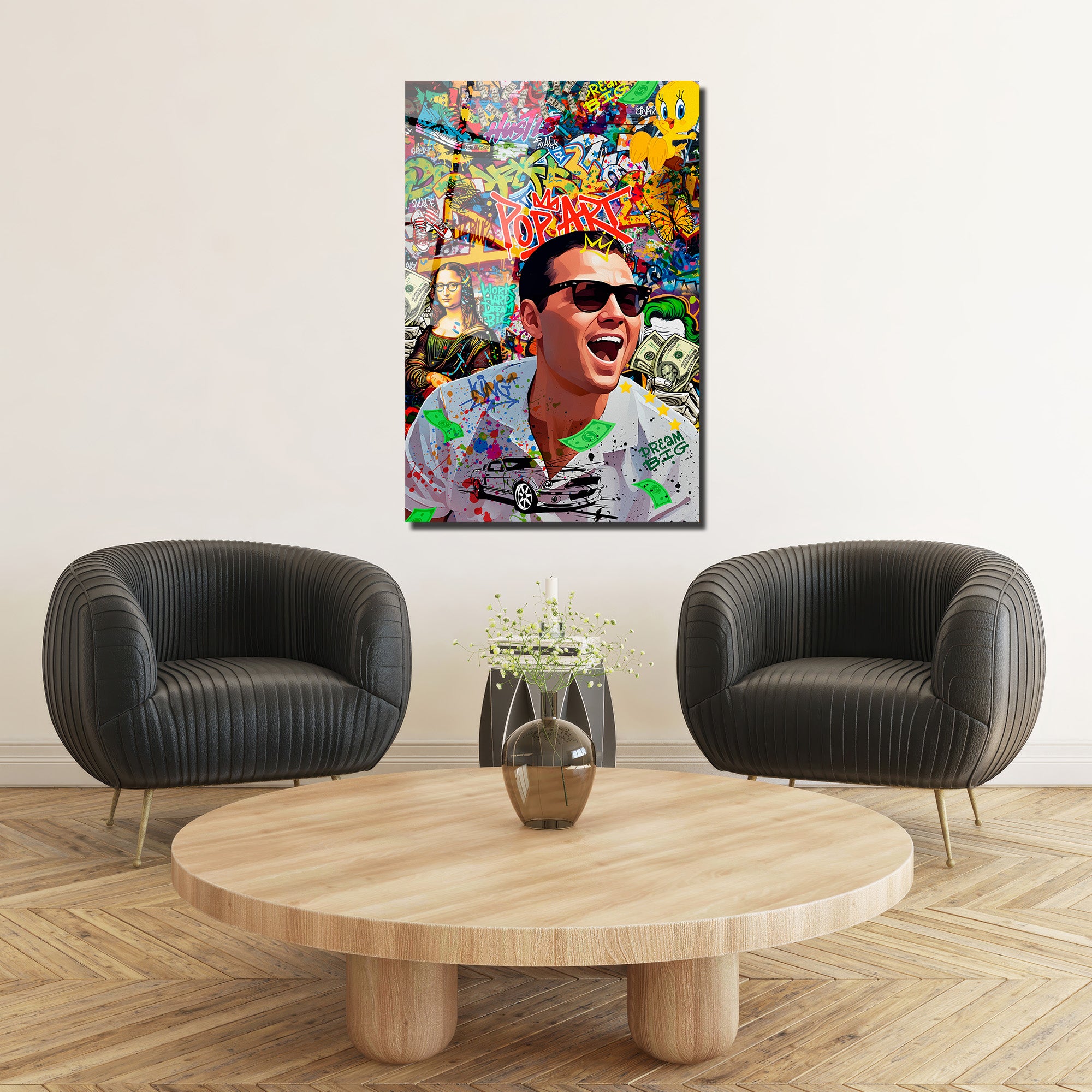 Pop Art Hustle: Jordan Belfort Temalı Modern Cam Tablo