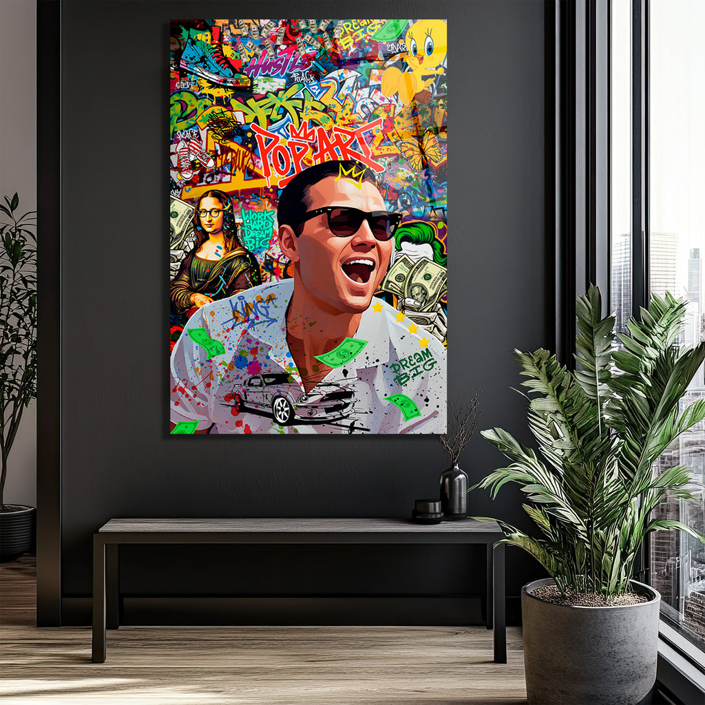 Pop Art Hustle: Jordan Belfort Temalı Modern Cam Tablo
