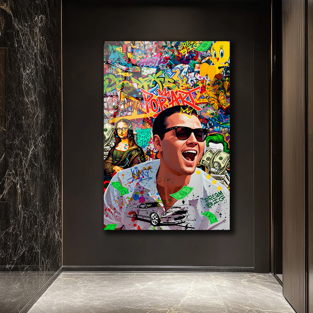 Pop Art Hustle: Jordan Belfort Temalı Modern Cam Tablo