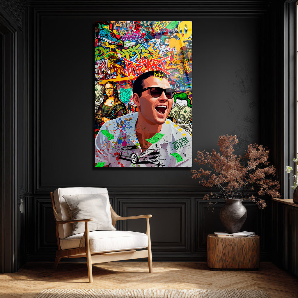 Pop Art Hustle: Jordan Belfort Temalı Modern Cam Tablo