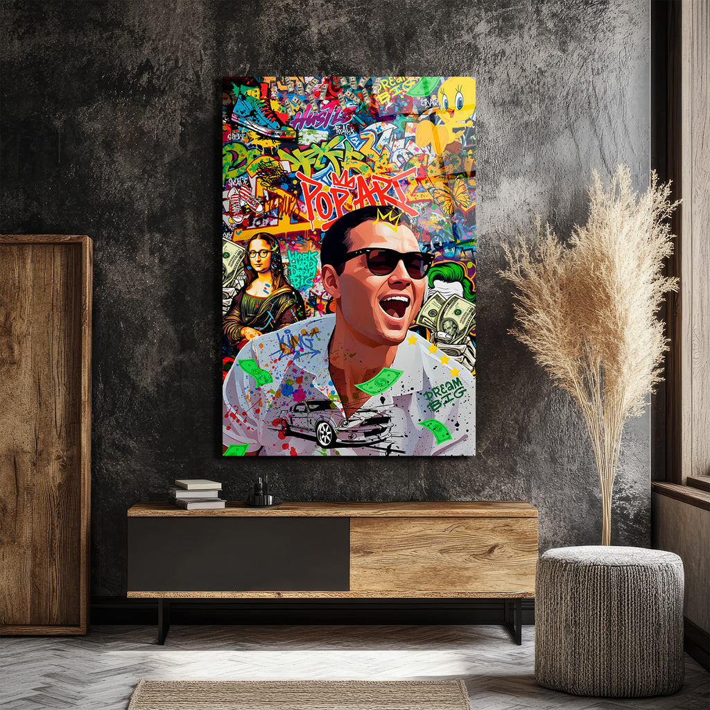 Pop Art Hustle: Jordan Belfort Temalı Modern Cam Tablo