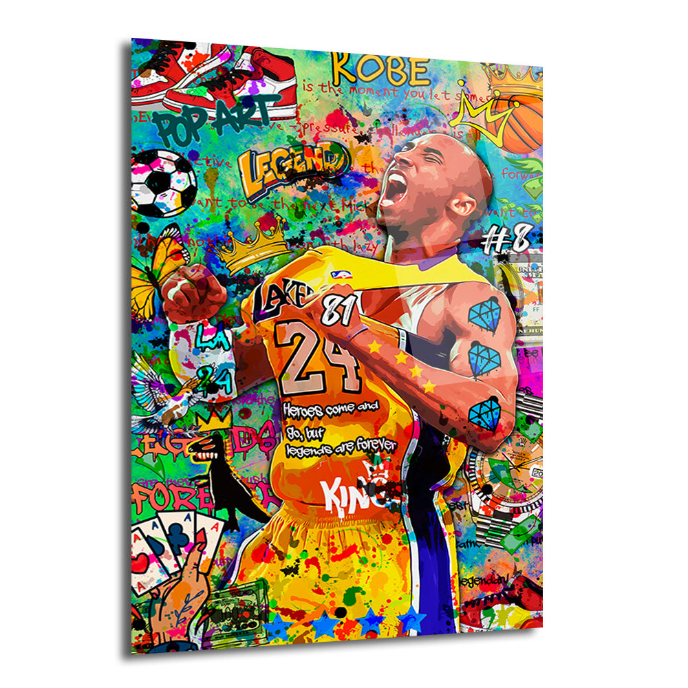 Canlı renklerle bezenmiş, Pop Art ve graffiti tarzında, Lakers forması giyen Kobe Bryant'ın coşkulu bir portresi. Arka planda basketbol temalı ve sokak sanatı öğeleri, yazılar ve semboller içeren dinamik bir kompozisyon.