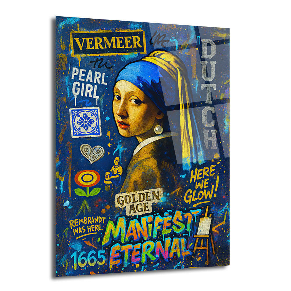 Johannes Vermeer'in İnci Küpeli Kız tablosunun modern, graffiti tarzında yeniden yorumlandığı, mavi ve sarı tonların hakim olduğu, üzerinde 'Vermeer', 'Pearl Girl', 'Dutch', 'Golden Age' gibi yazılar bulunan cam tablo.