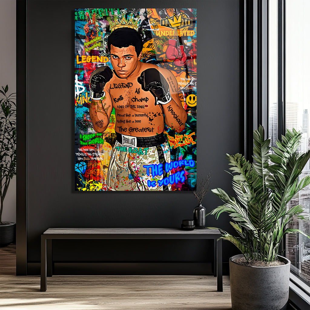 Muhammed Ali Efsanesi Pop Art Graffiti Cam Tablo