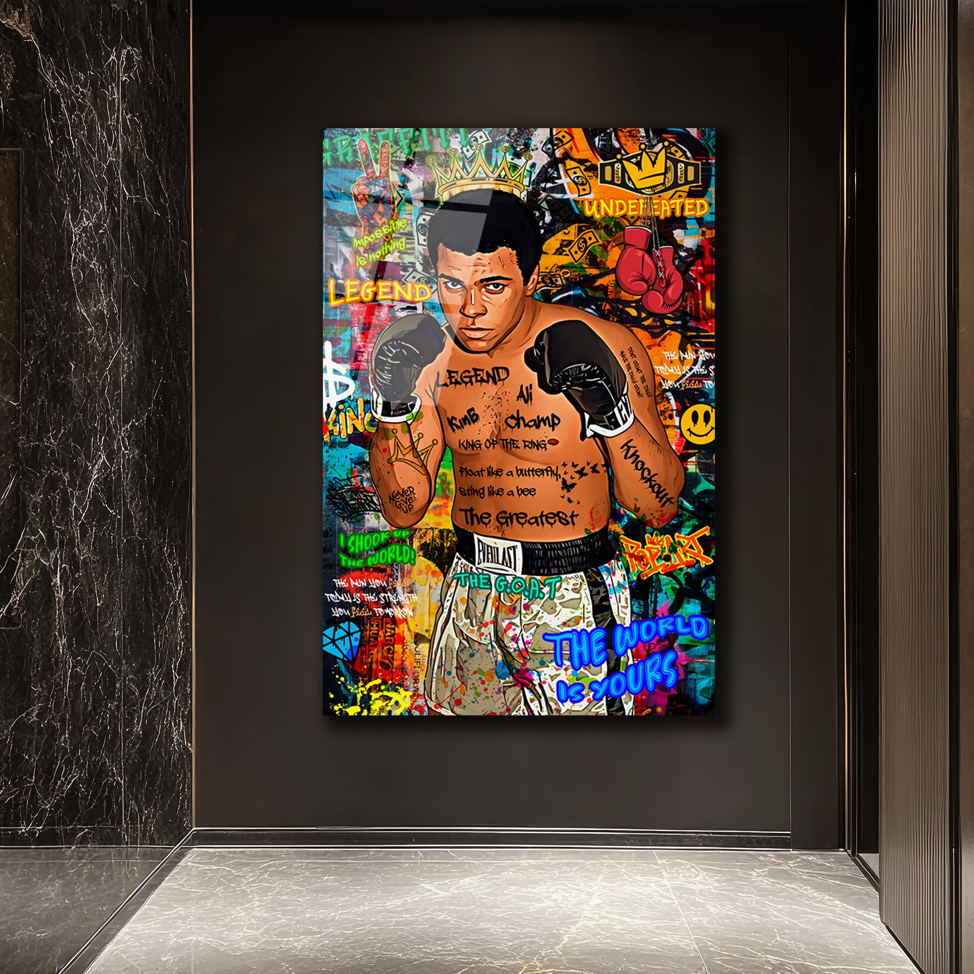 Muhammed Ali Efsanesi Pop Art Graffiti Cam Tablo
