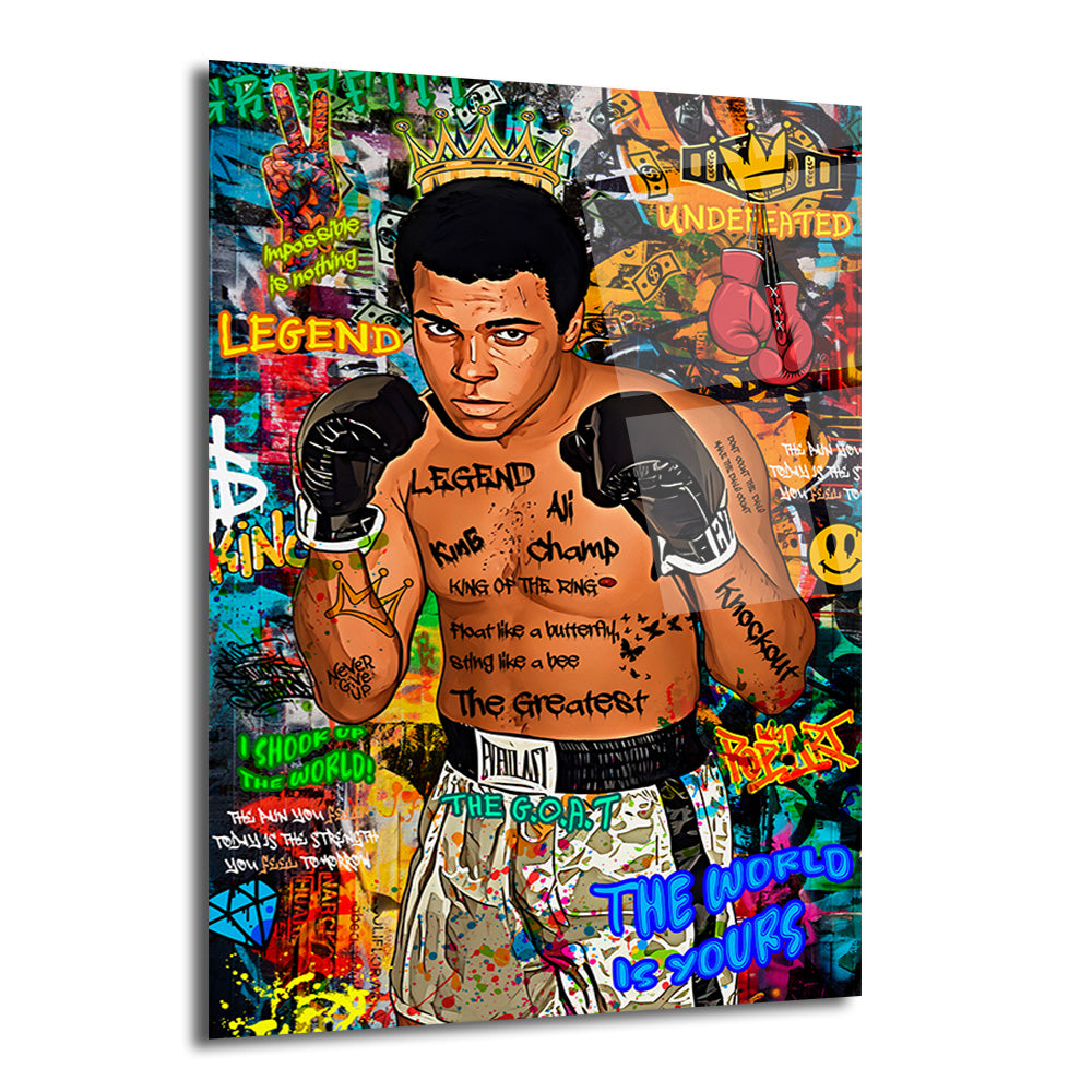 Graffiti ve pop art tarzında tasarlanmış, boks eldivenleri ve şampiyonluk tacıyla Muhammed Ali'nin güçlü duruşunu sergileyen renkli bir cam tablo.