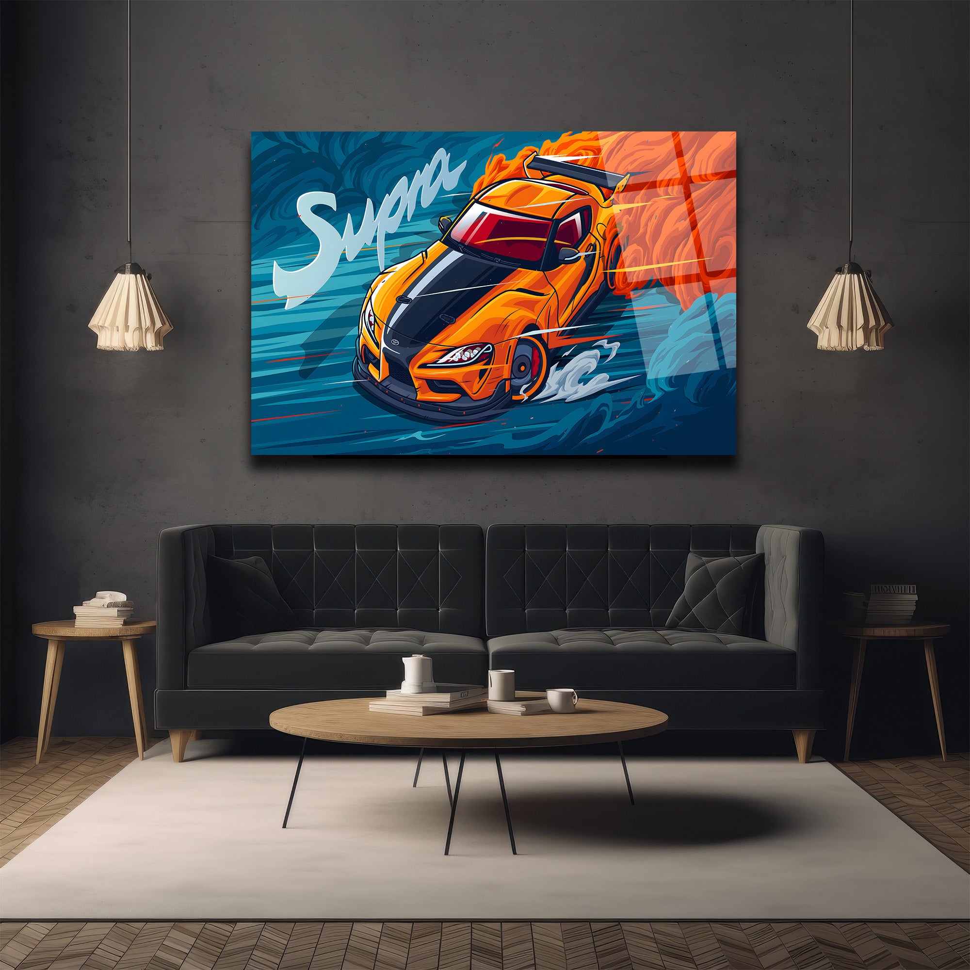 Supra Drift Sanatı Cam Tablo - Hız ve Tutku Duvar Dekoru