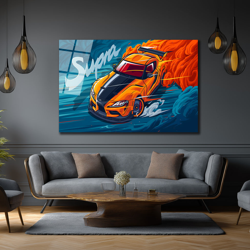 Supra Drift Sanatı Cam Tablo - Hız ve Tutku Duvar Dekoru
