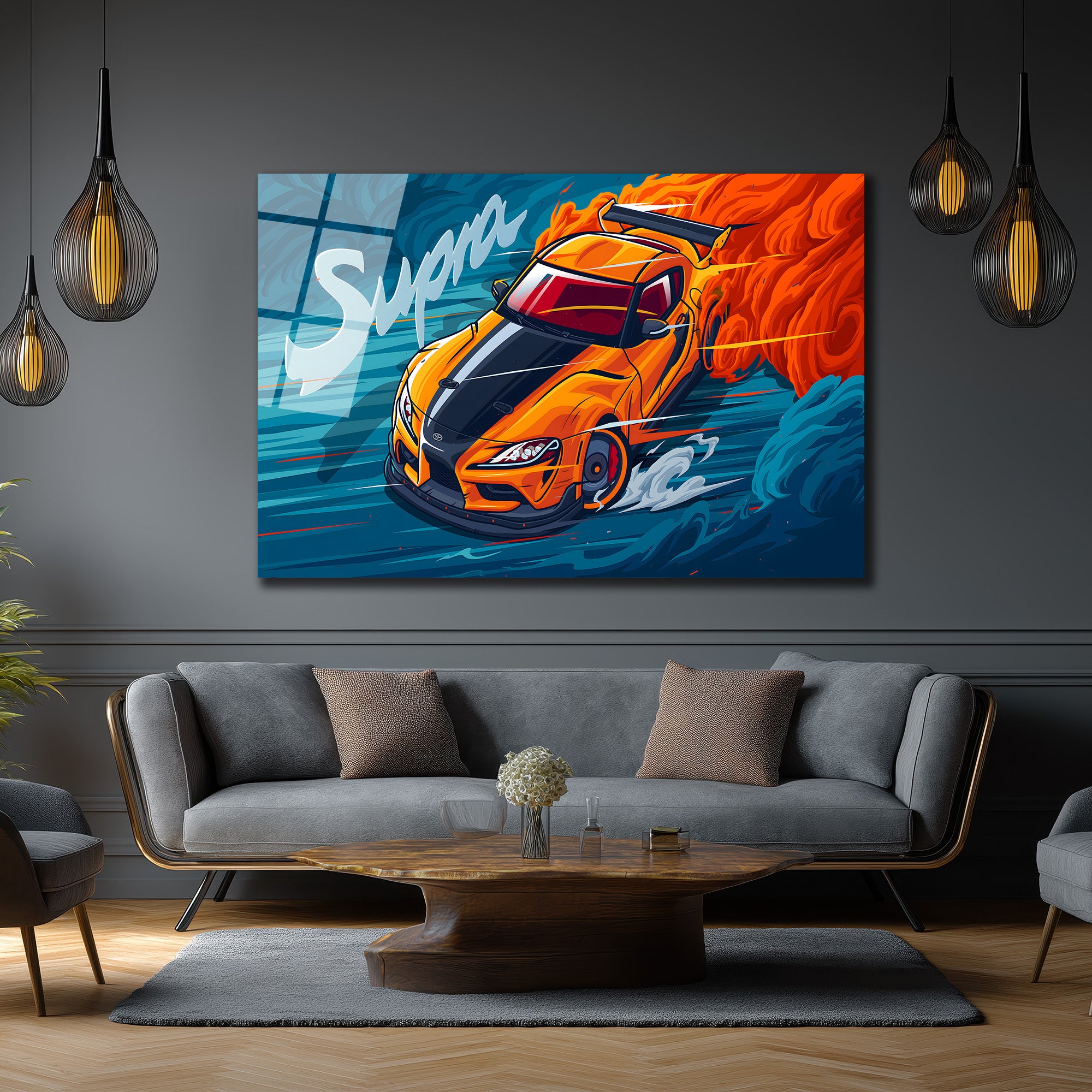 Supra Drift Sanatı Cam Tablo - Hız ve Tutku Duvar Dekoru