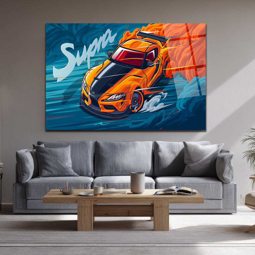 Supra Drift Sanatı Cam Tablo - Hız ve Tutku Duvar Dekoru