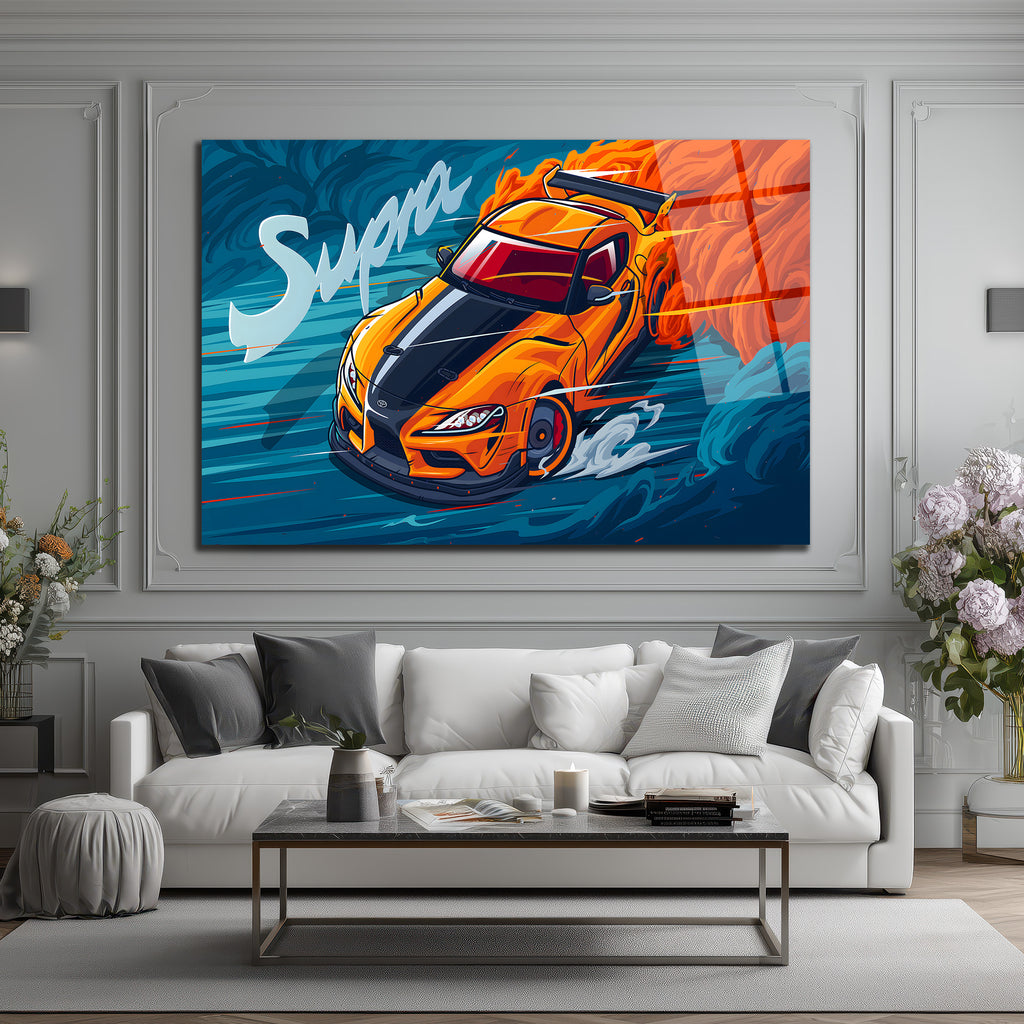Supra Drift Sanatı Cam Tablo - Hız ve Tutku Duvar Dekoru