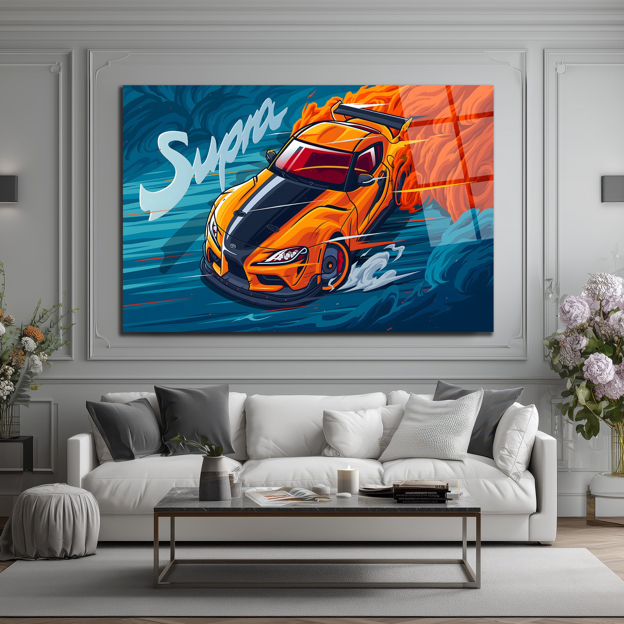 Supra Drift Sanatı Cam Tablo - Hız ve Tutku Duvar Dekoru