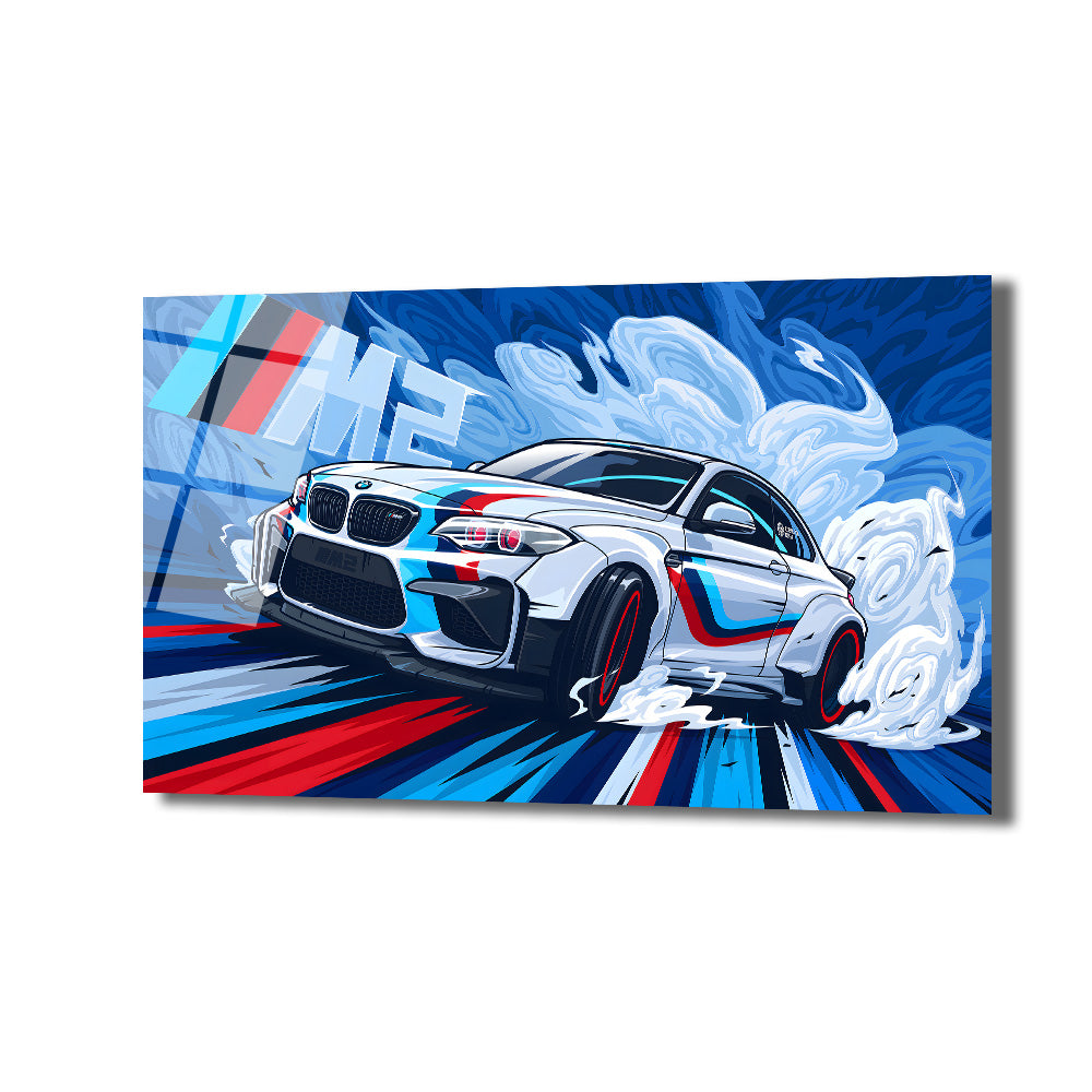 Beyaz bir BMW M2 spor arabanın mavi, kırmızı ve siyah detaylarla dinamik bir drift anını gösteren, duman efektleriyle çevrili, modern grafik tarzında cam tablo. Arka planda hareket hissi veren mavi tonlar ve M2 logosu bulunuyor.