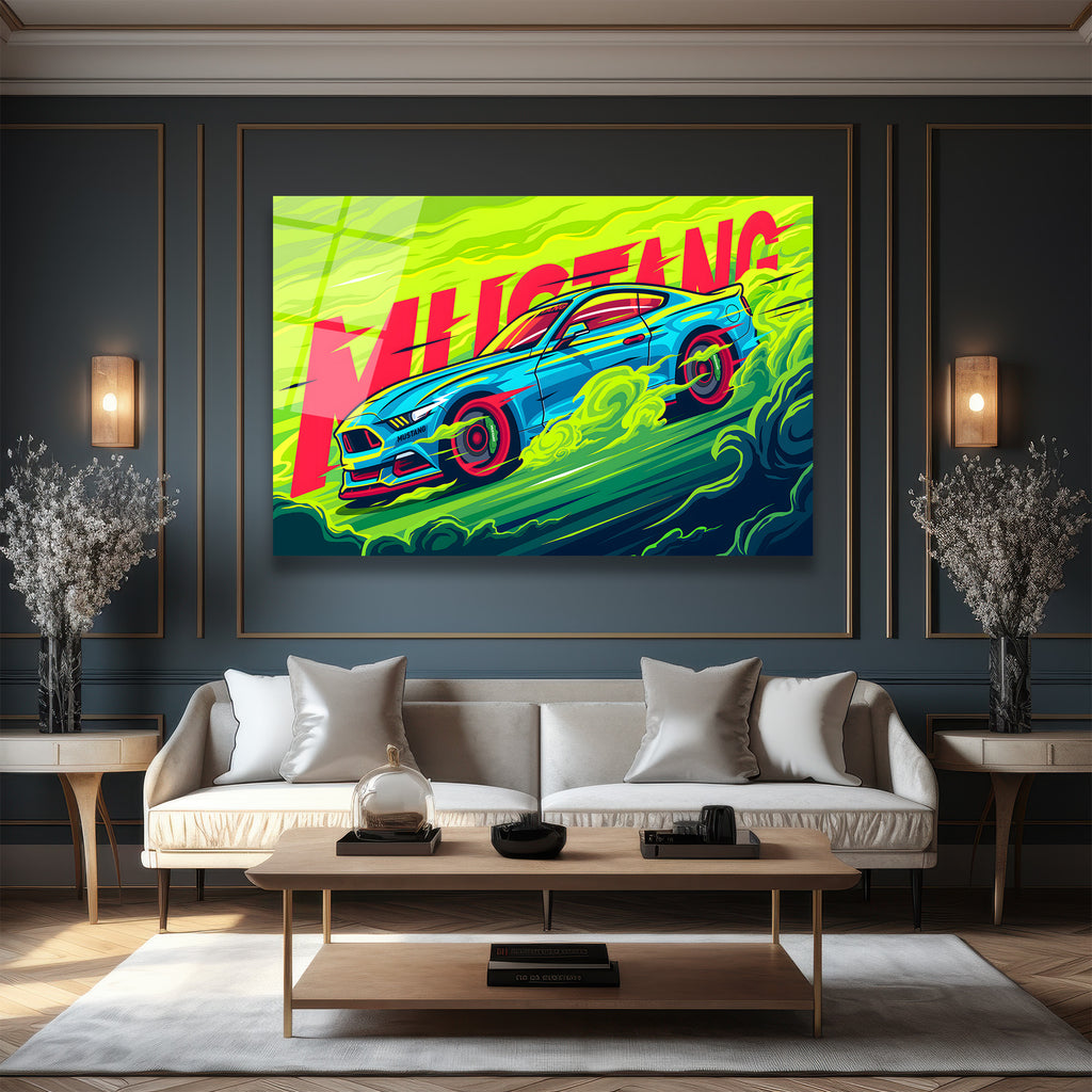 Neon Enerjisiyle Mustang Cam Tablo - Modern Duvar Sanatı