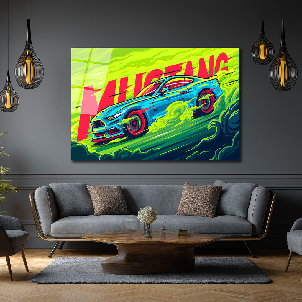 Neon Enerjisiyle Mustang Cam Tablo - Modern Duvar Sanatı