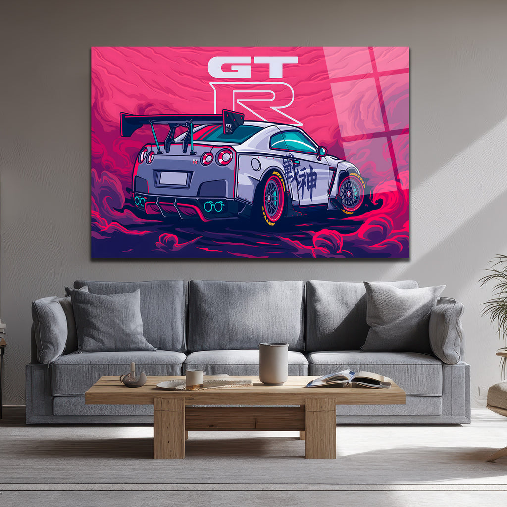 Nissan GT-R Efsanesi: Dinamik Pembe Bulutlar Cam Tablo
