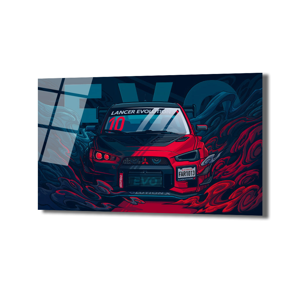 Kırmızı ve siyah renklerde, dinamik koyu mavi ve kırmızı girdaplarla çevrili, stilize edilmiş bir Mitsubishi Lancer Evolution X spor araba görseli içeren cam tablo. Aracın ön camında 'Lancer Evolution 10' yazısı ve plakasında 'FAR1013' ibaresi belirgindir. Hız ve modern estetiği bir araya getiren bir sanat eseridir.