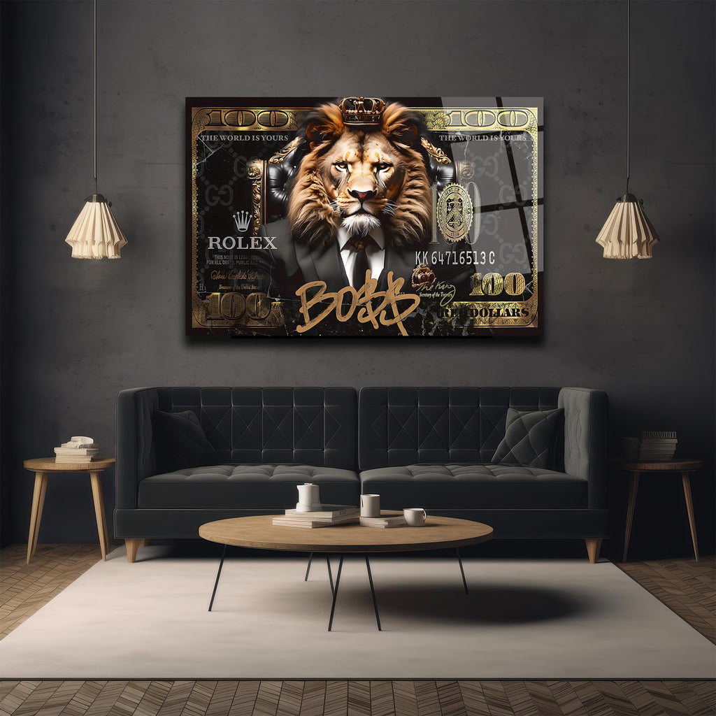 Lüks Aslan Kral Boss$ Temalı Modern Cam Tablo