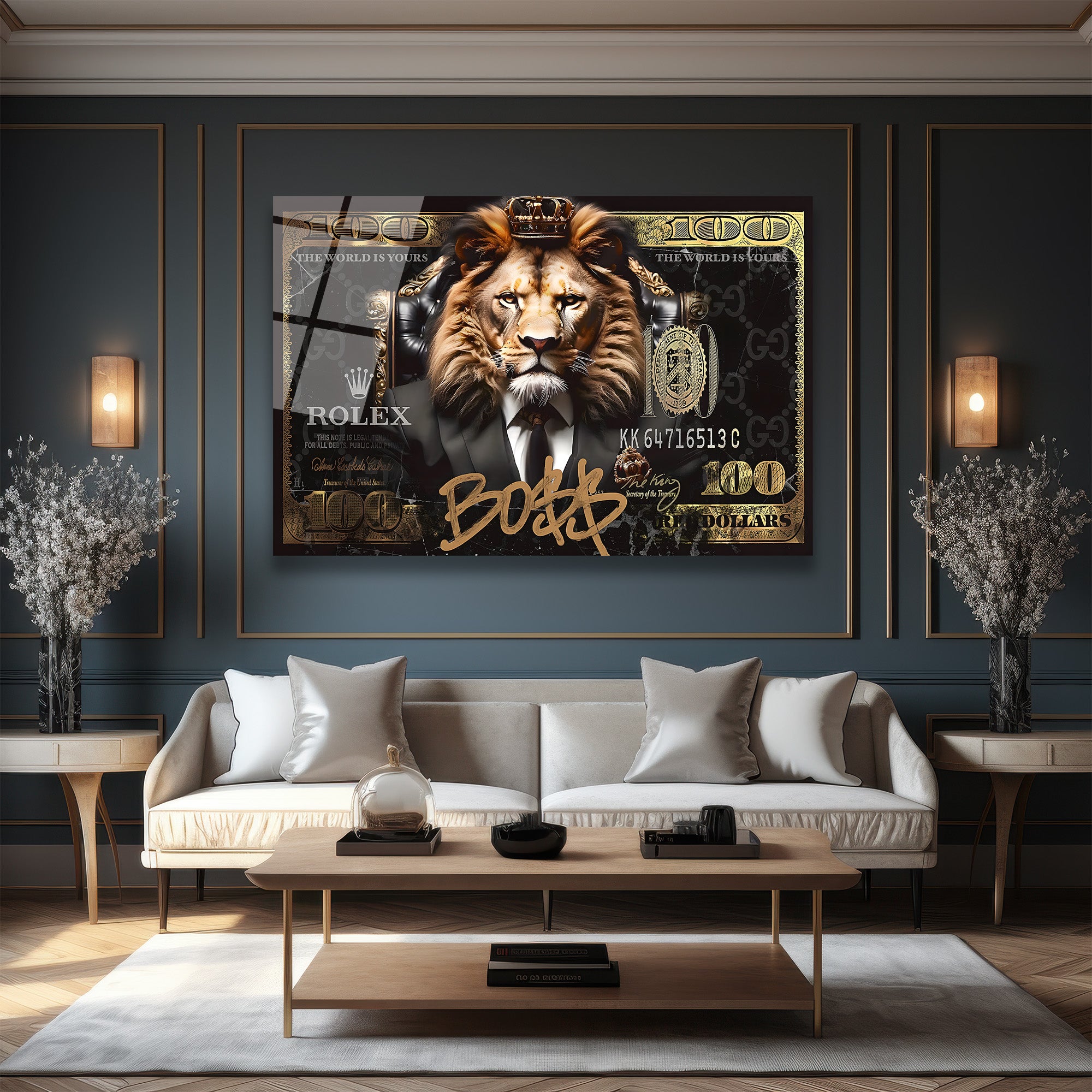 Lüks Aslan Kral Boss$ Temalı Modern Cam Tablo