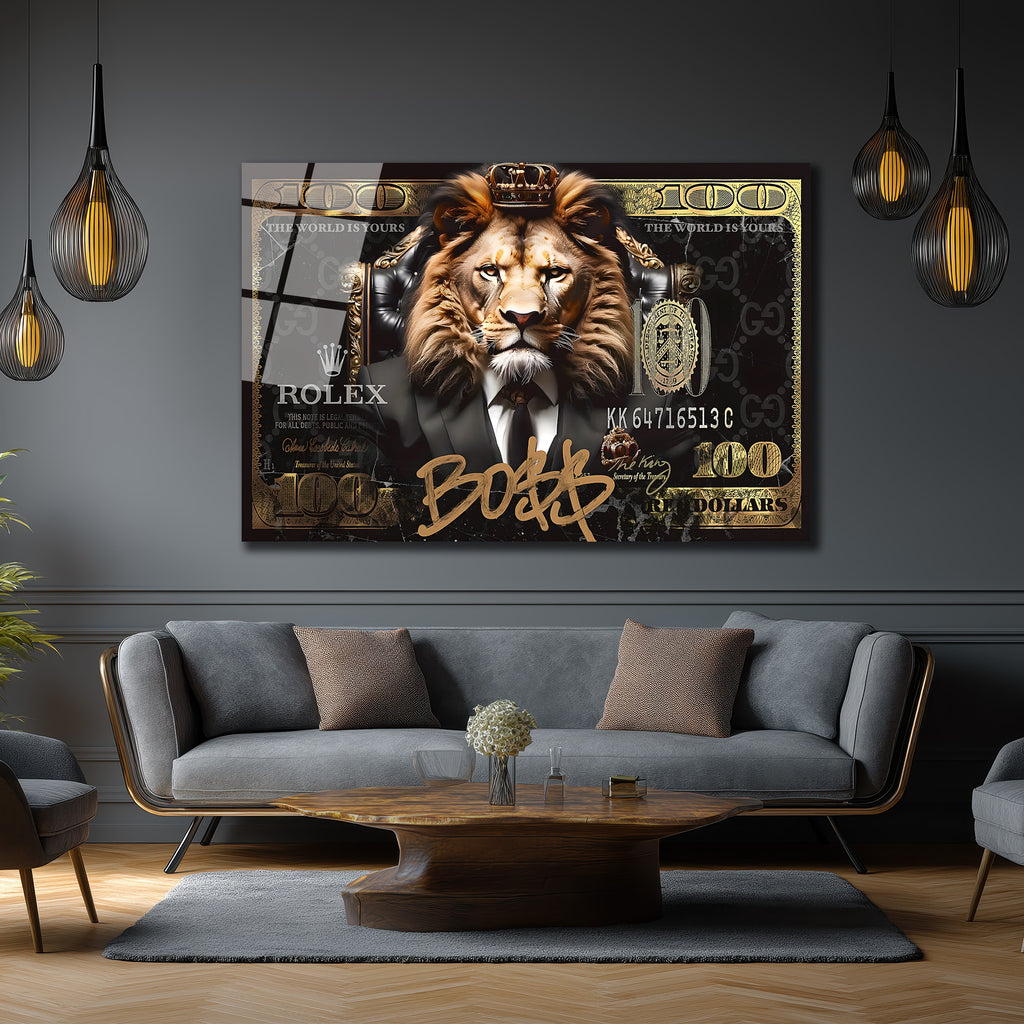 Lüks Aslan Kral Boss$ Temalı Modern Cam Tablo