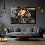 Lüks Aslan Kral Boss$ Temalı Modern Cam Tablo