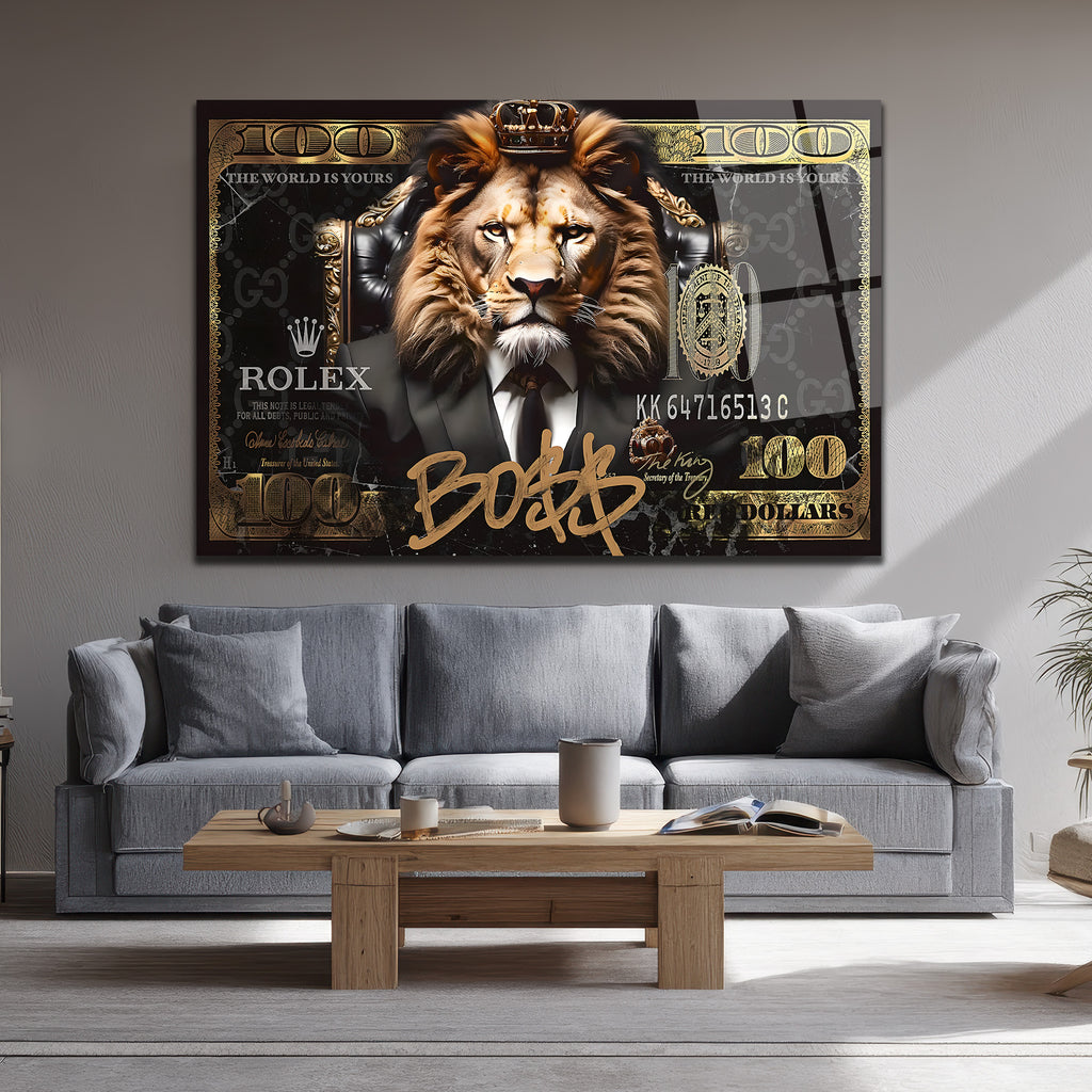 Lüks Aslan Kral Boss$ Temalı Modern Cam Tablo